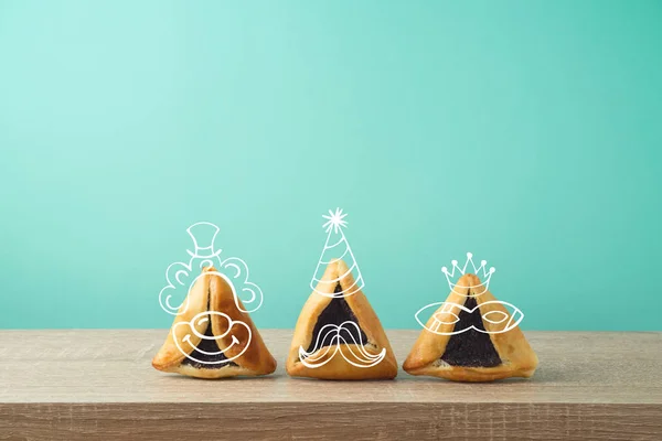 Jewidh Holiday Purim Koncept Med Söt Hamantaschen Cookies Tecken Träbord — Stockfoto