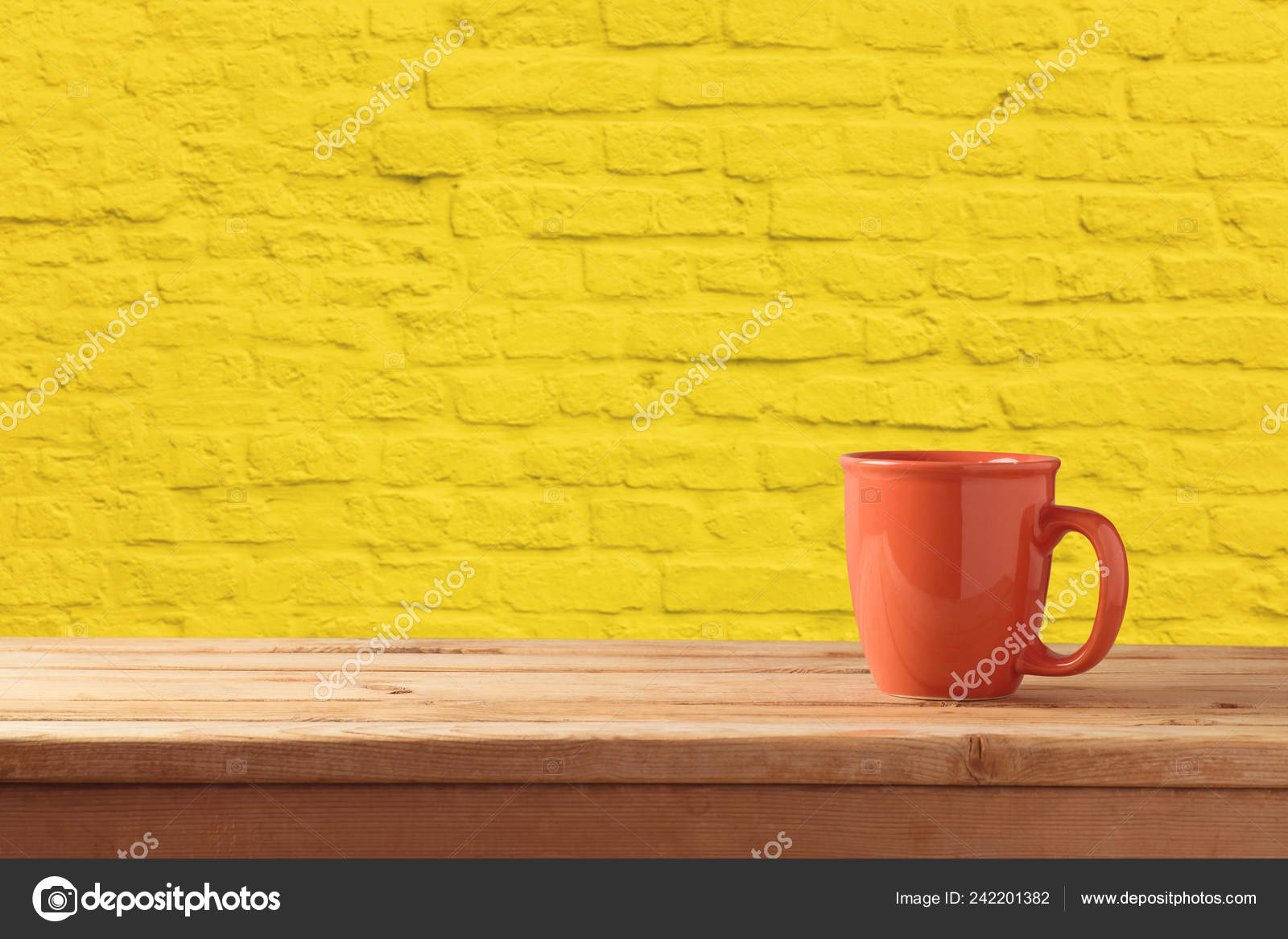 Red Coffee Tea Cup Wooden Table Yellow Brick Stone Wall Stock Photo by  ©maglara 242201382