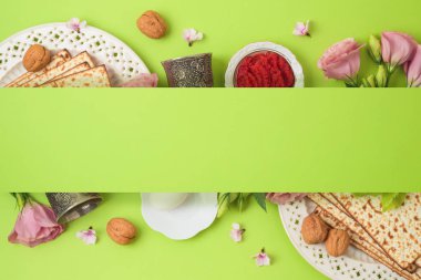 Yahudi bayramı Fısıh arka plan ile matzo, seder tabağı ve bahar çiçekleri. Üstten Görünüm yukarıdan. Düz yatıyordu