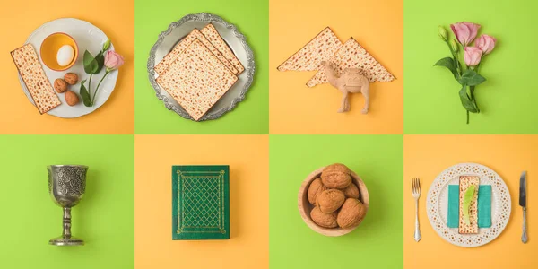 Hamursuz Ekmek Yahudi Bayramı Fısıh Konseptiyle Seder Tabağı Bahar Çiçekleri — Stok fotoğraf