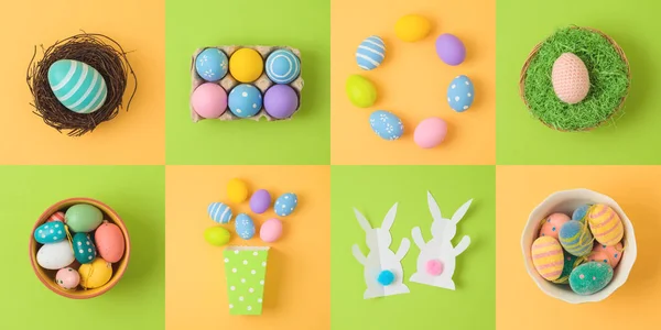 イースター休日コンセプト イースターエッグとウサギの飾りです 上から平面図です フラットを置く — ストック写真