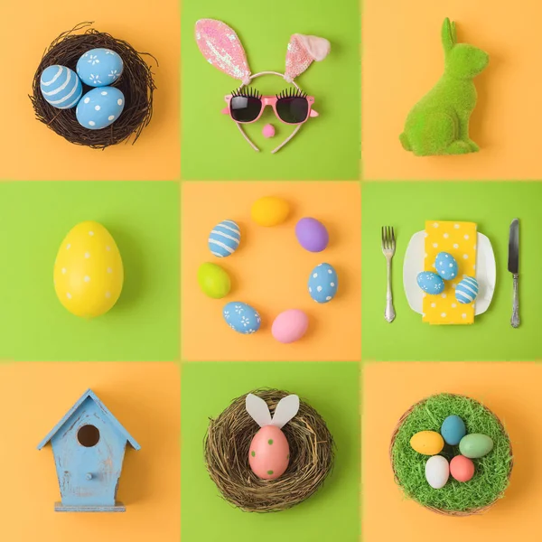 Concept Van Vakantie Van Het Easter Bunny Decoraties Paaseieren Bovenaanzicht — Stockfoto