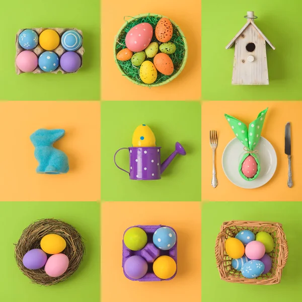 Easter Holiday Concept Easter Eggs Bunny Decorations Top View Flat — Stock Photo, Image