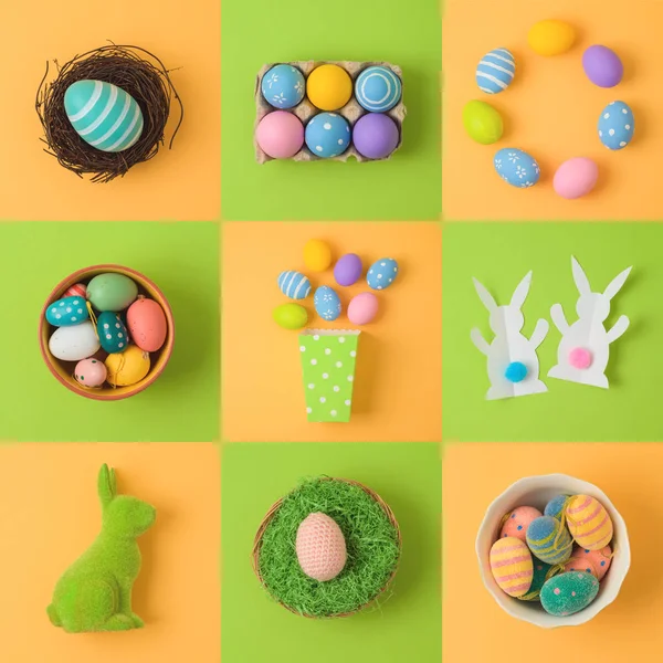 Easter holiday concept with easter eggs and bunny decorations. Top view from above. Flat lay
