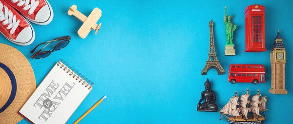 Travel and tourism concept with traveling accessories and souven