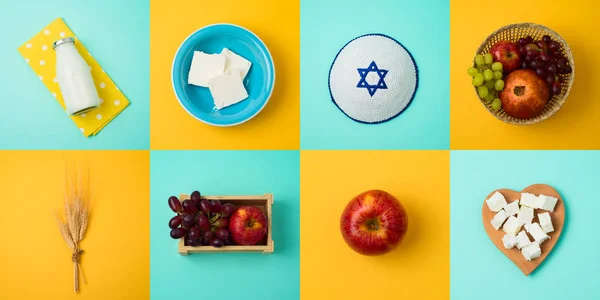 Еврейский праздник Шавуот концепция с молоком, молочными продуктами и фрю — стоковое фото