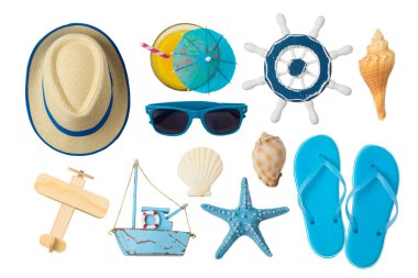 Plaj ve seyahat aksesuarları ile yaz tatili tatil konsepti