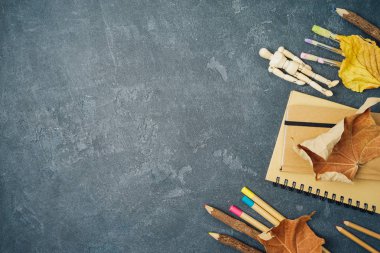 Okul malzemeleri ve sonbahar yaprakları ile okul arka plan geri