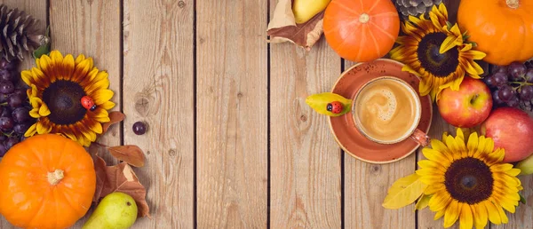 Concetto di vendemmia autunnale con zucca, mele e girasoli — Foto Stock