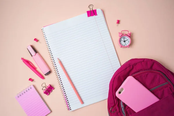 Back School Concept Bag Backpack Blank Notebook School Supplies Pink — Stock Photo, Image