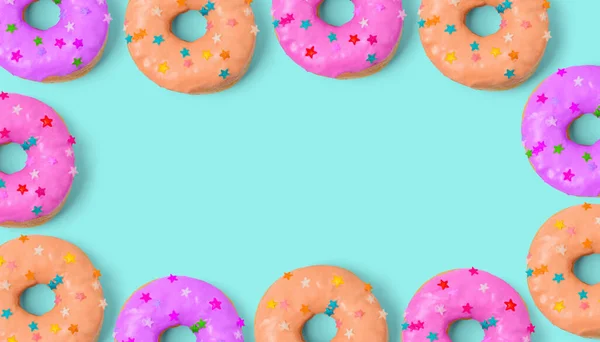 Donut Met Sterren Blauwe Achtergrond Verjaardags Feestconcept — Stockfoto