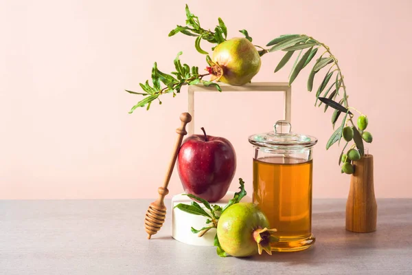 Joodse Vakantie Rosh Hashana Achtergrond Met Honing Granaatappel Rode Appels — Stockfoto