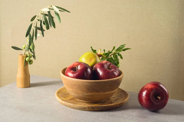 Modern Still Life Composition Red Apples Pomegranate Olive Leaves — Stock Photo, Image