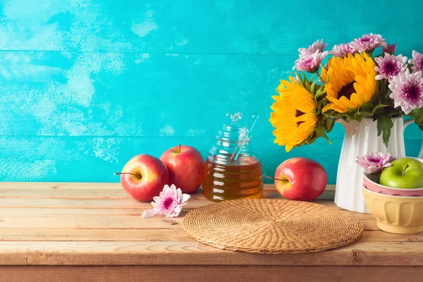 Judisk Semester Rosh Hashana Bakgrund Med Honungsburk Äpplen Och Solrosor — Stockfoto