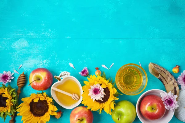 Joodse Vakantie Rosh Hashana Achtergrond Met Honing Appels Zonnebloemen Blauwe — Stockfoto