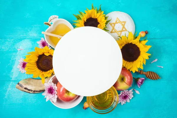 Εβραϊκή Γιορτή Rosh Hashana Φόντο Μέλι Μήλα Και Ηλιοτρόπια Μπλε — Φωτογραφία Αρχείου