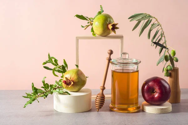 Židovská Dovolená Rosh Hashana Pozadí Medem Granátové Jablko Červené Jablka — Stock fotografie