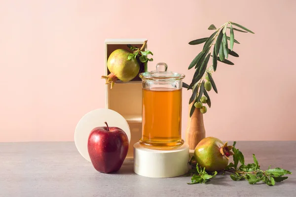 Férias Judaicas Rosh Hashana Fundo Com Mel Romã Maçãs Vermelhas — Fotografia de Stock