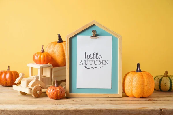 Hello Autumn Concept Pictute Frame Toy Truck Pumpkin Decor Wooden — Stock Photo, Image