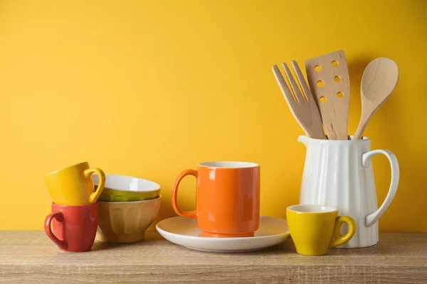 Kitchen Utensils Dishware Wooden Shelf Autumn Kitchen Interior Background — Stock Photo, Image