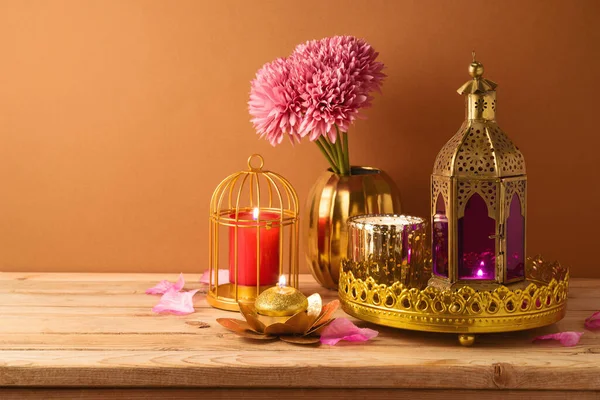 Diwali Vakantiehuis Decoraties Houten Tafel — Stockfoto