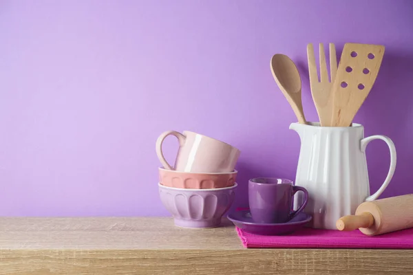 Kitchen Utensils Dishware Wooden Shelf Kitchen Interior Purple Background — Stock Photo, Image