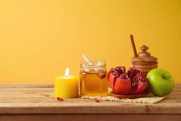 Férias Judaicas Rosh Hashana Conceito Com Frasco Mel Maçã Romã — Fotografia de Stock