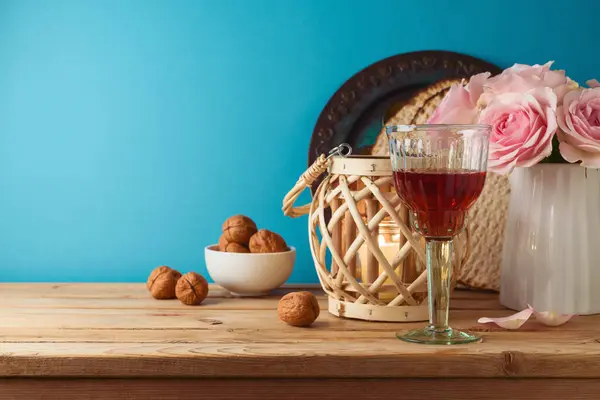 Jewish Holiday Passover Concept Wine Glass Matzah Flowers Wooden Table — Stock Photo, Image