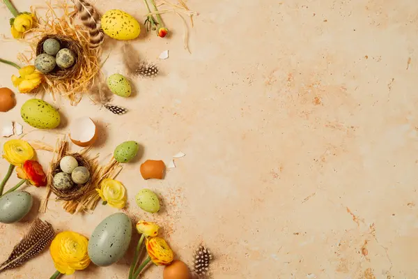 Osterferienkonzept Mit Ostereiern Und Frühlingsblumen Auf Steingrund Draufsicht Flache Verlegekomposition Stockbild