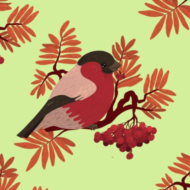 Rowan bir dalı olarak şakrak kuşu ile Seamless modeli. Üvez meyveleri ile mevsimsel doğal desen. Dijital illüstrasyon