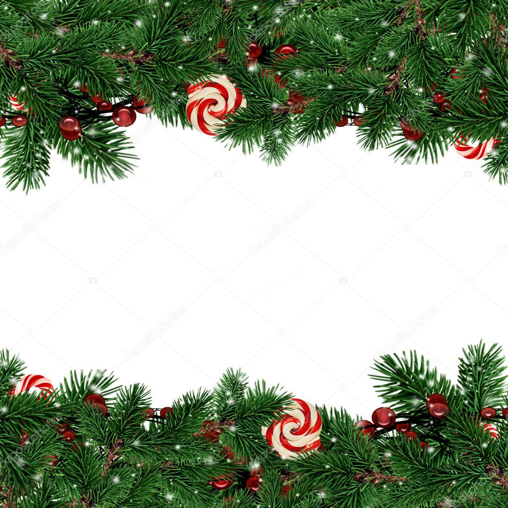 Christmas greeting card with fir tree branches background.