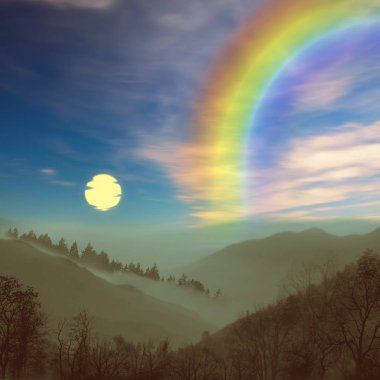 3D çizim. Gün batımı sırasında güzel manzara.