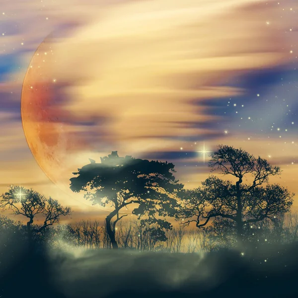 Ilustracja Piękny Krajobraz Podczas Zachodu Słońca — Zdjęcie stockowe