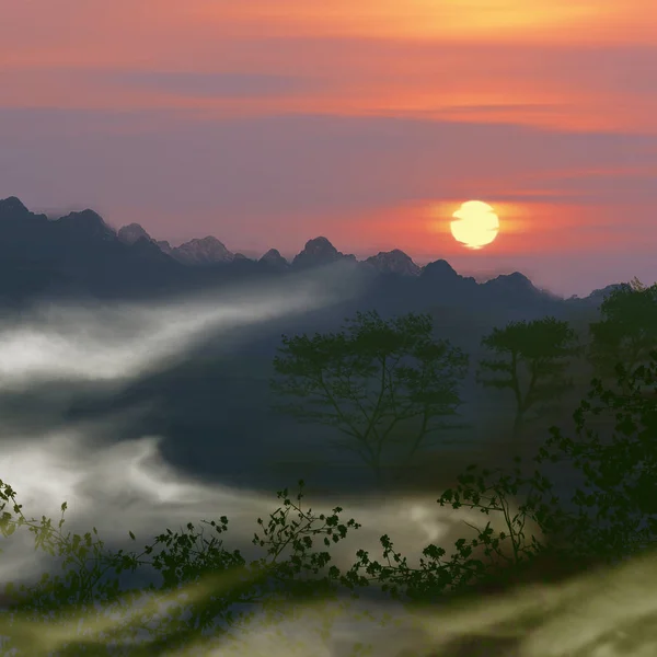 Ilustracja Piękny Krajobraz Podczas Zachodu Słońca — Zdjęcie stockowe