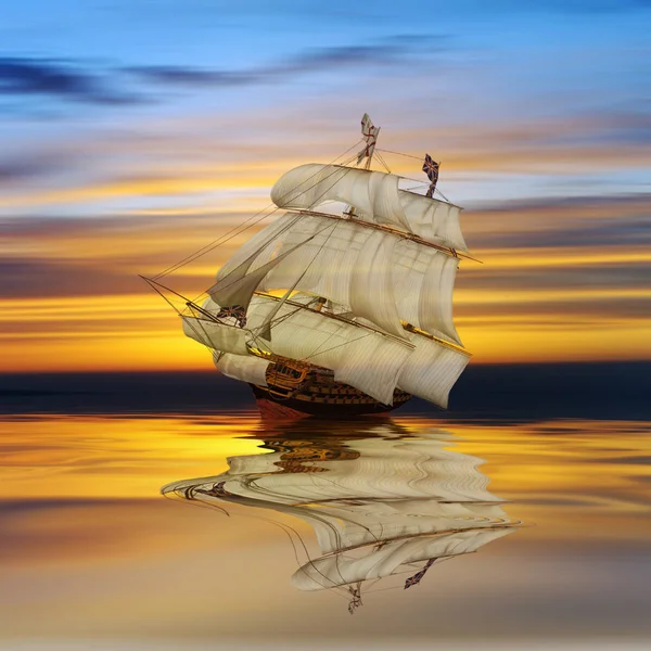 Old ship drifting over sea at sunset in sky.