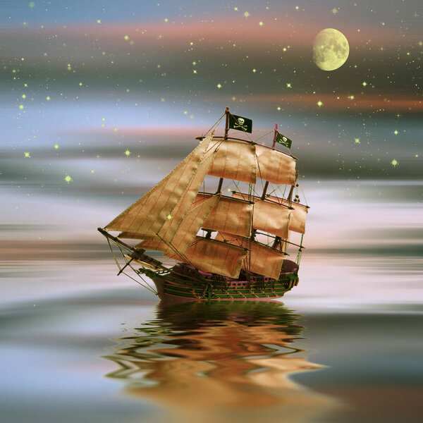 Старый корабль дрейфует над морем на закате в небе
.