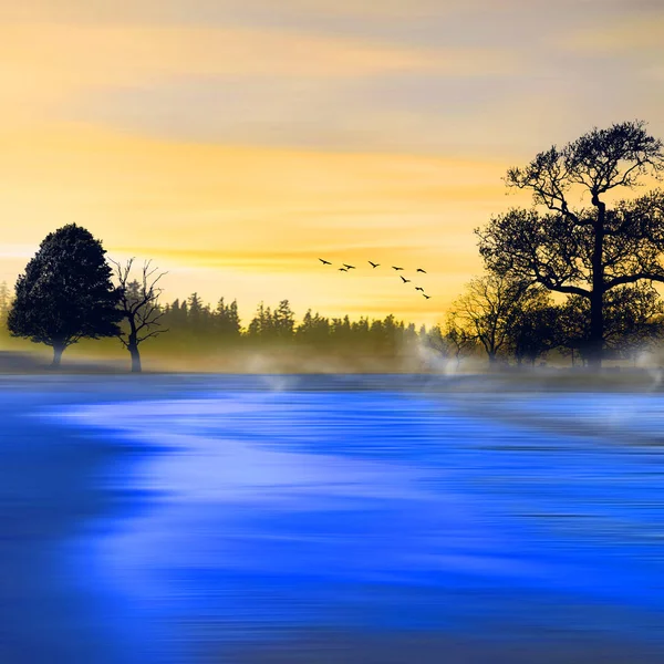 Иллюстрация Красивый Пейзаж Закате — стоковое фото