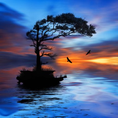 3D çizim. Gün batımı sırasında güzel manzara.