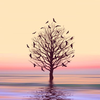 3D çizim. Gün batımı sırasında güzel manzara.