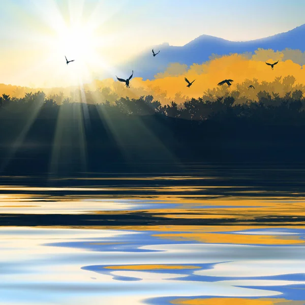 Ілюстрація Красивий Пейзаж Під Час Заходу Сонця — стокове фото