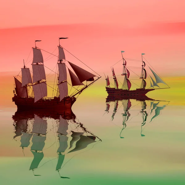 3D插图 夕阳西下的老船在海上漂流 — 图库照片