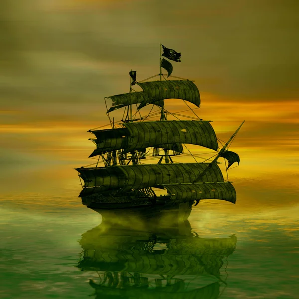 Illustration Altes Schiff Treibt Bei Sonnenuntergang Himmel Über Dem Meer — Stockfoto