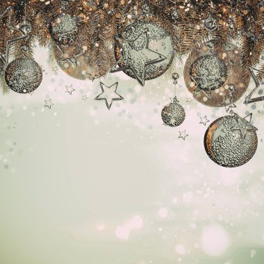 Üç boyutlu illüstrasyon. Köknar ağacı dallı Noel tebrik kartı.