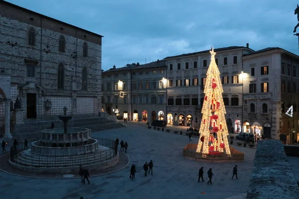 Perugia Piazza Novembre Bei Nacht Weihnachtsdekoration — Stockfoto