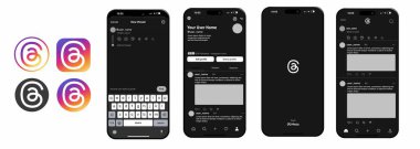 Tartışmalar mobil uygulama arayüzünün karanlık modda vektör illüstrasyonu. Profil sayfası, besleme, sohbet ve bildirim ekranlarını içerir. 