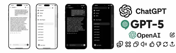 ChatGPT mobil ve masaüstü uygulamasının vektör çizimi. Sohbet arayüzü, konuşma ekranı, komut girdisi ve AI yardımcı yanıt örneklerini içerir. 