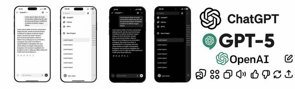 Vector illustration of ChatGPT mobile and desktop app mockup. Includes chat interface, conversation screen, prompt input, and AI assistant reply examples. 