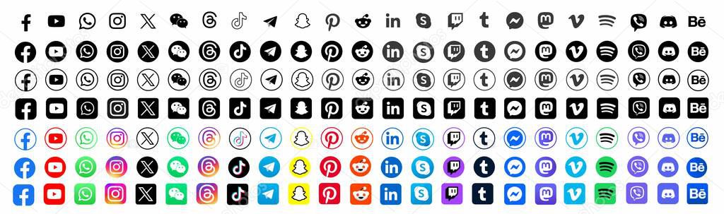 All Time Social Media Icons Set 22 Popular Network Logos Collection. Vector