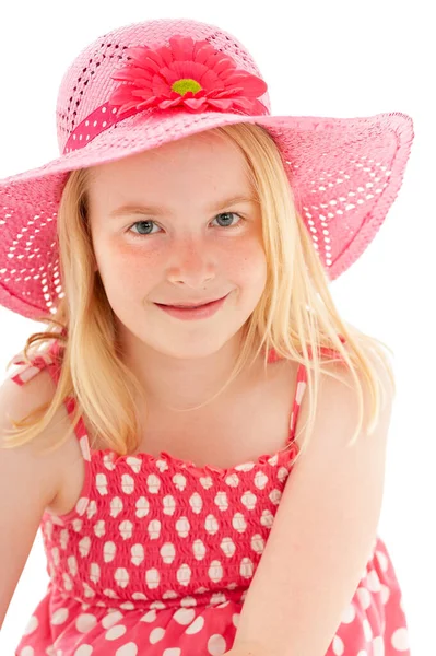 Close Beautiful Young Blonde Girl Enigmatic Smile Wearing Big Pink — Stock Photo, Image