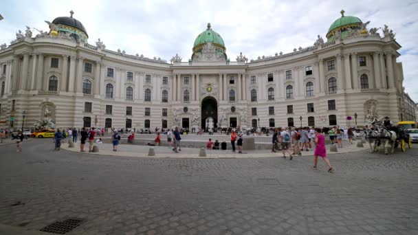 Wien Juli 2019 Wide Shot Der Hofburg Als Pferdekutsche Davor — Stockvideo